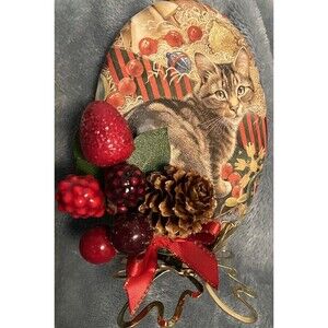 Cat Christmas Ornament Oval With Stand Enesco Leslie Ann Ivory